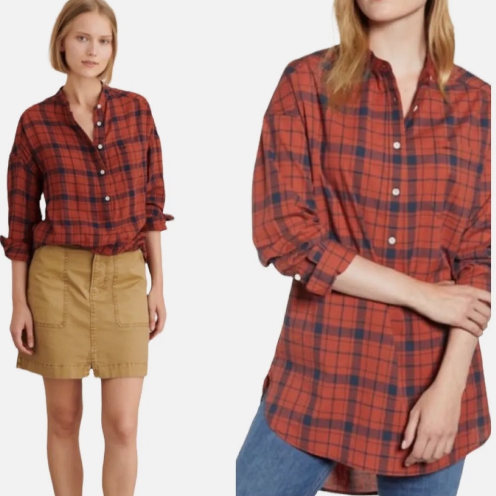 Alex Mill Popover Tunic Burnt Orange & Blue Plaid Cotton & Spandex Size Small